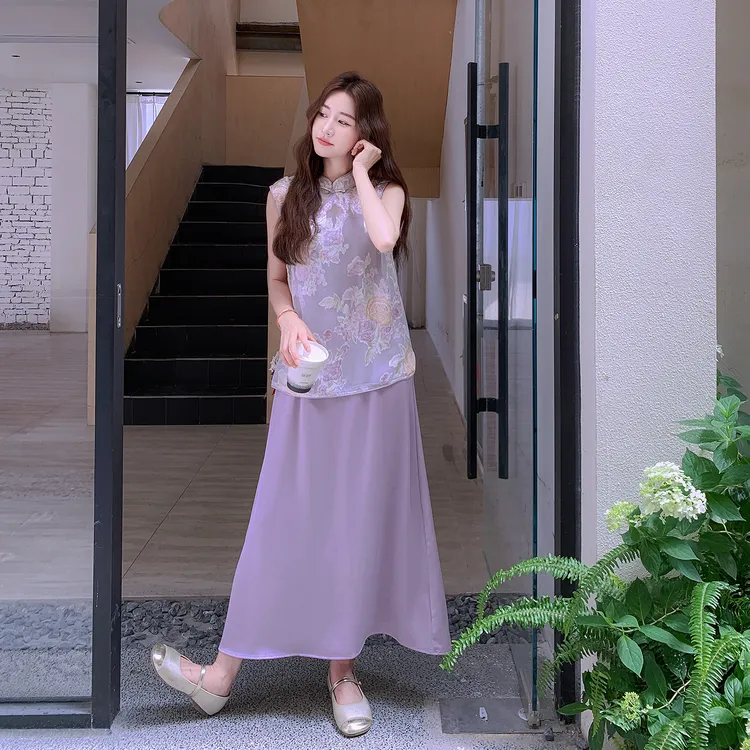 紫色温婉大方新中式套装女2025夏季新款提花唐装上衣吊带裙两件套