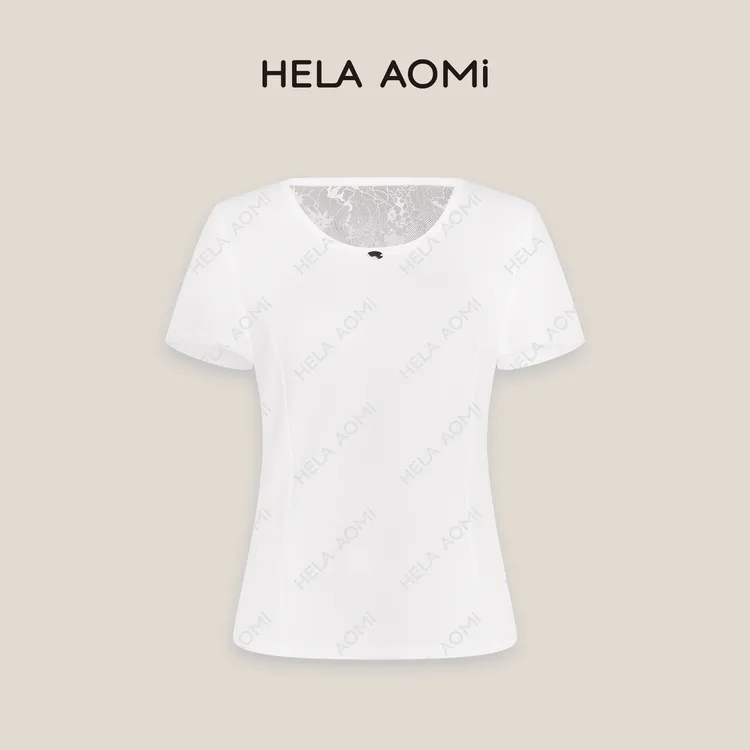 HELAAOMI “曲线T”圆领蕾丝短袖T恤修身洋气短款上衣CY5BB23613