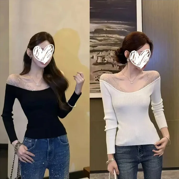  【超值】磨毛加厚重工烫钻一字肩长袖T恤女秋冬新款显瘦露肩上衣潮商品图