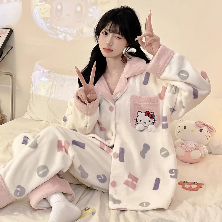 珊瑚绒女士睡衣冬季加绒加厚法兰绒可爱少女风甜美家居服两件套装