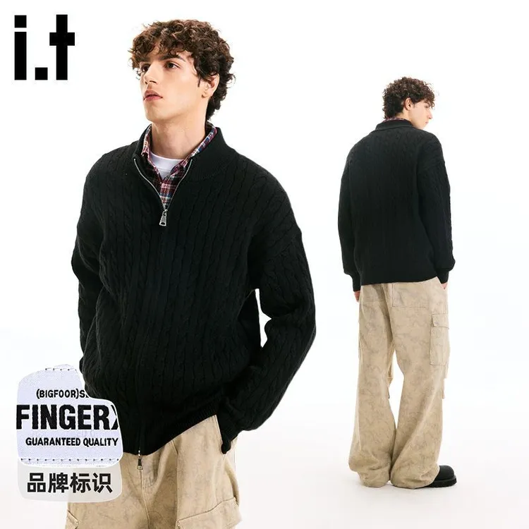 it FINGERCROXX加厚绞花开衫男女款秋冬季新款双拉链针织毛衣外套