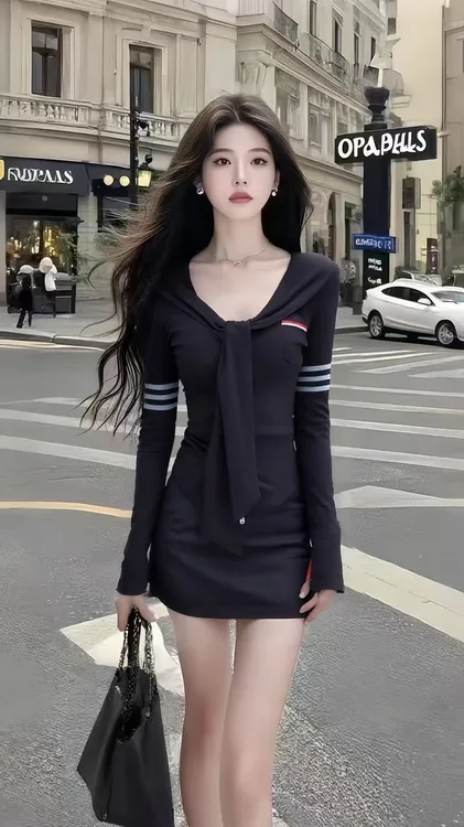 轻奢时尚气质短裙纯欲千金风黑色V领长袖修身连衣裙女氛围感女装