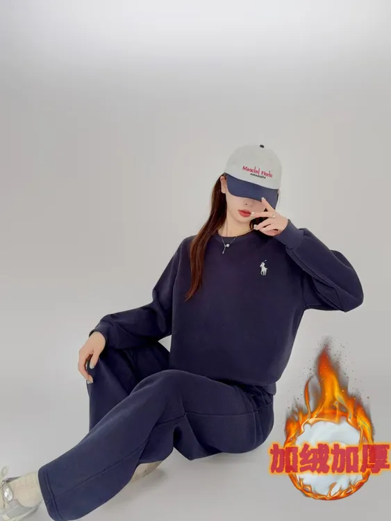 2025冬季加绒新款骑马射箭刺绣圆领长袖卫衣套装静奢风保暖百搭