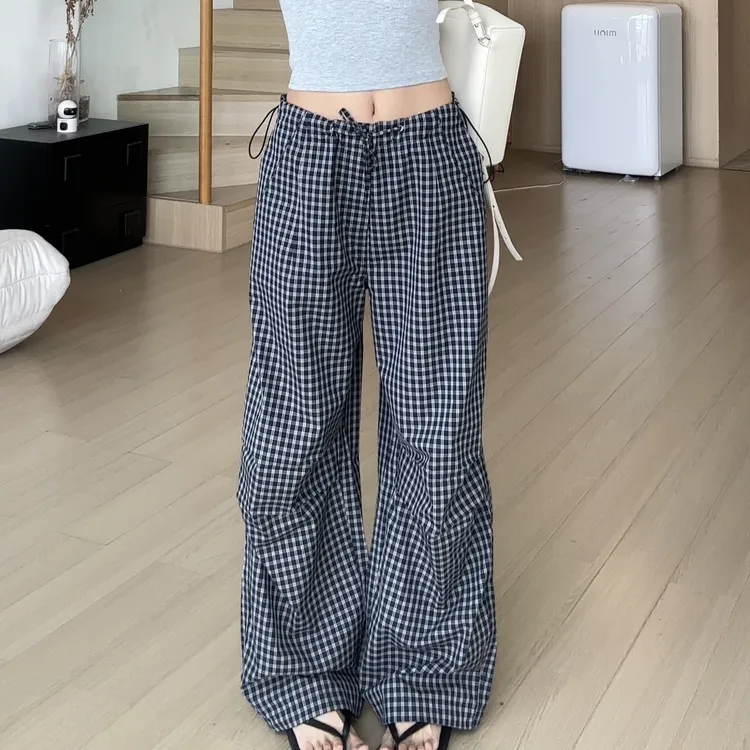 【部分现】2025夏新款宽松低腰工装裤美式复古格纹伞兵裤Q254246