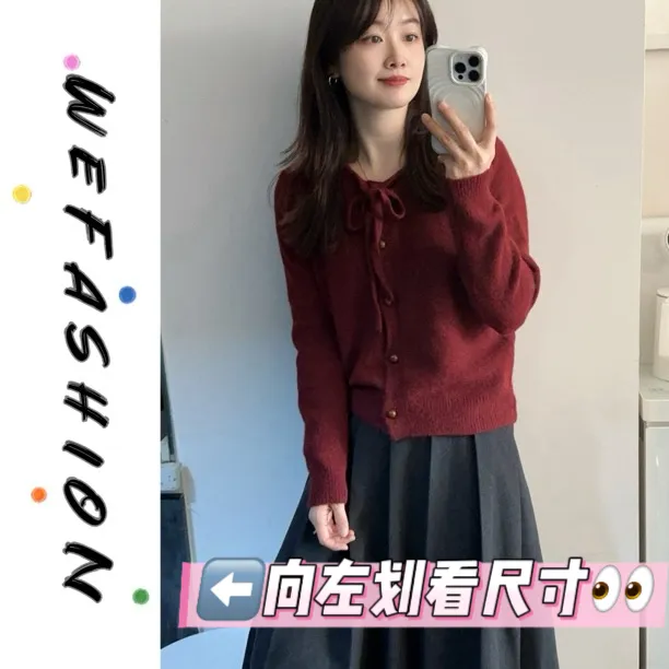 【WE】  韩版温柔风领口系带单排木扣针织开衫