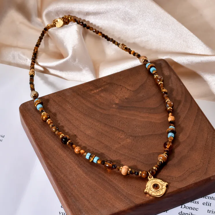 [太阳]原创手工钛钢项链女高级感轻奢小众虎眼石复古天然石锁骨链