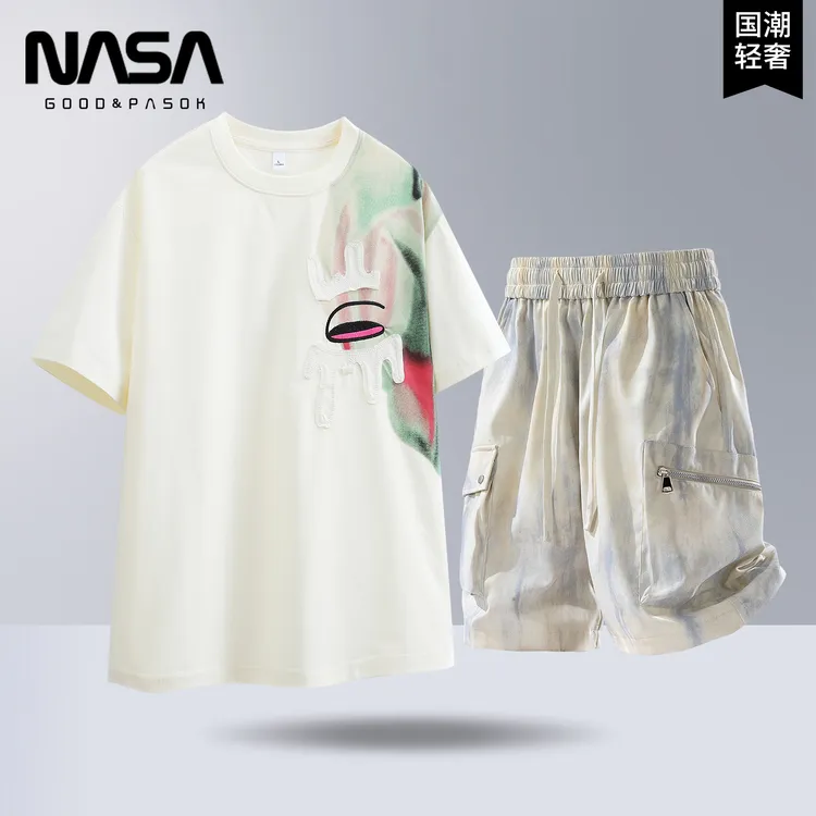 NASA潮牌冰丝短袖短裤两件套男士夏季美式高街轻奢宽松休闲套装
