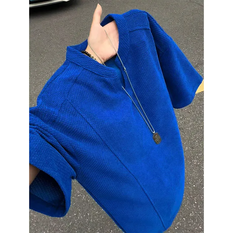 美式复古龙鳞透气V领T恤男款夏季肌理感短袖cleanfit痞帅半袖上衣