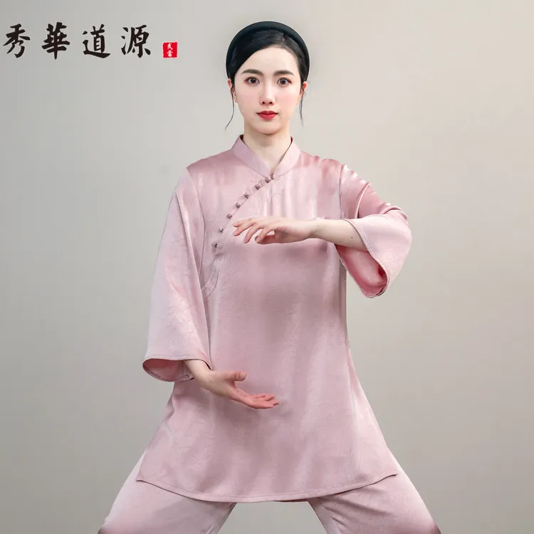 女（重磅超薄醋酸暗纹）斜襟七分喇叭袖太极练功服武术表演服