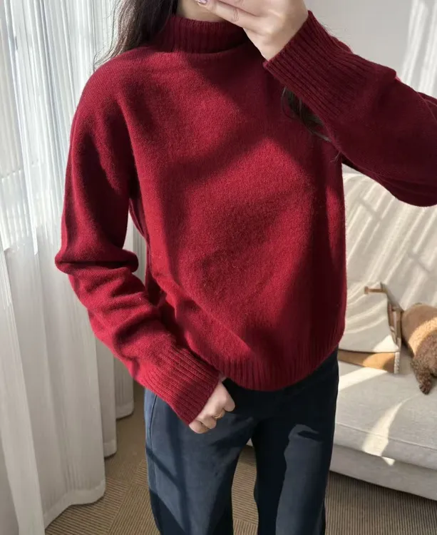 双双老师同款羊毛针织衫红色保暖宽松型圆领套头秋冬