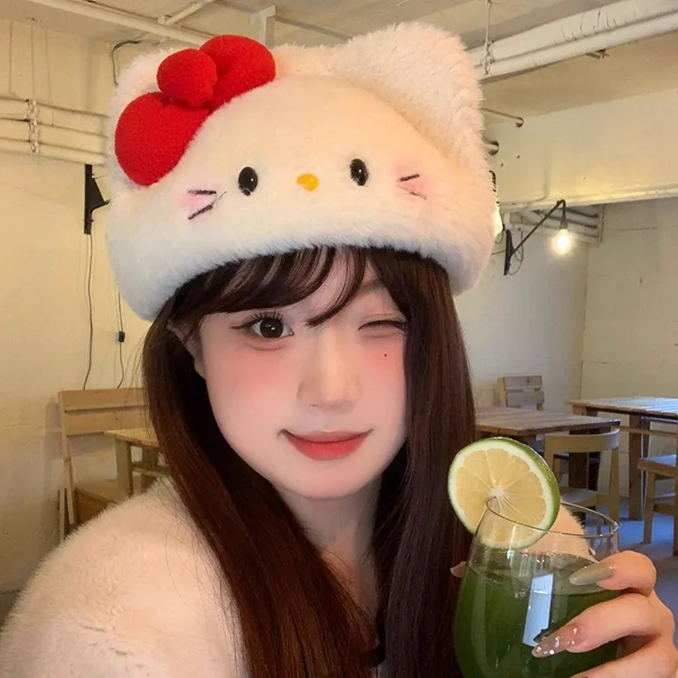 可爱腮红kitty猫毛绒贝雷帽女2025年秋冬季显脸小帽子保暖画家帽