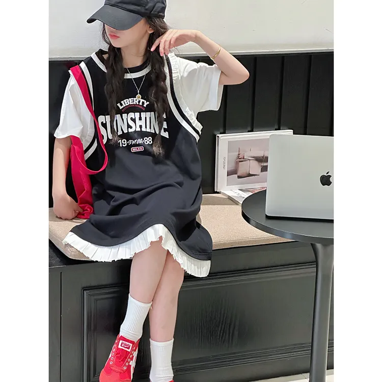 K29184假两件女童运动连衣裙2025夏装新款休闲儿童短袖裙子洋气潮