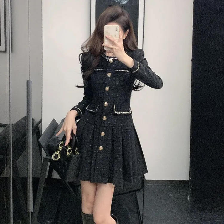 法式小香风黑色套装新款女感气质名媛收腰遮肉洋气显瘦套装