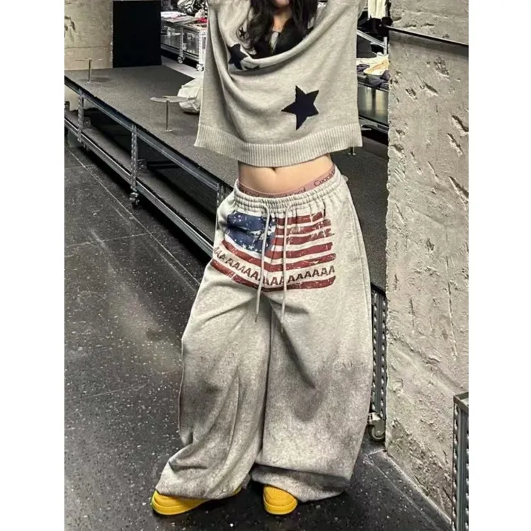 美式街头旗帜印花做旧卫裤女秋冬辣妹跳舞宽松阔腿运动休闲拖地裤