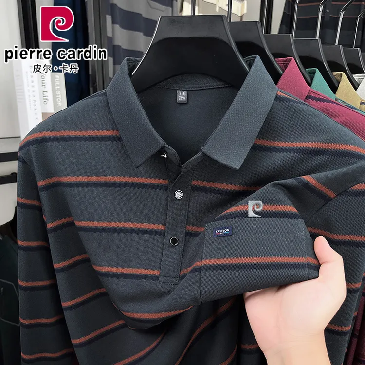 皮尔卡丹高档男士长袖t恤桑蚕丝条纹真口袋中老年休闲时尚polo衫