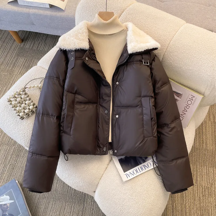 PU皮棉服女冬季2025新款今年流行爆款棉衣袄羊羔毛娃娃领外套