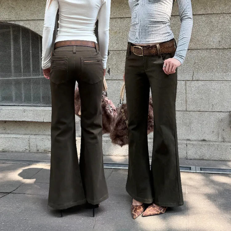 Audwyn复古橄榄绿低腰微喇裤秋冬新款宽腰头修身显瘦微喇休闲长裤