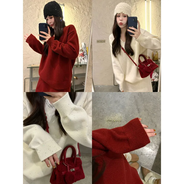 晶咕【凛冬恋歌】慵懒静奢风领口烫钻针织套装