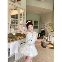  麻吉麻吉mochi【曲奇慕斯】娃娃领黑色波点上衣小个子花苞短裙套装