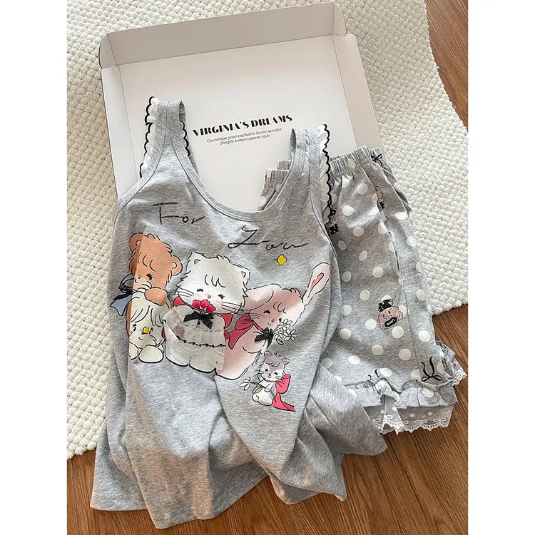 纯欲风甜美可爱卡通萌宠睡衣女夏季舒适背心波点花边短裤居家套装