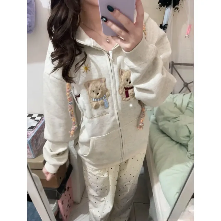 美式复古白灰色卫衣女秋冬加绒刺绣毛绒可爱小狗宽松拉链开衫外套