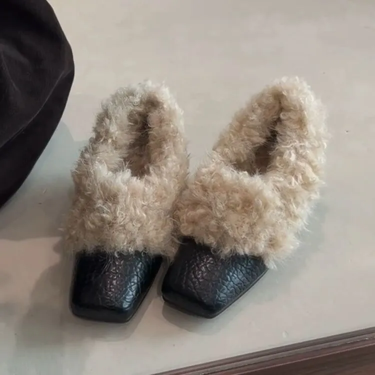 牛皮版~方头粗跟毛毛鞋荔枝纹内增高玛丽珍鞋单鞋加绒保暖小皮鞋