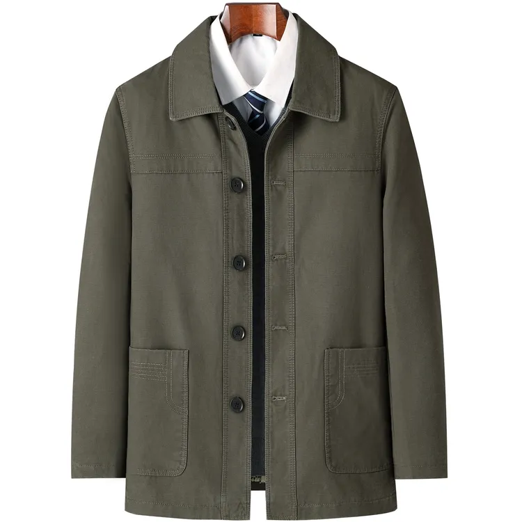 爸爸纯棉外套春秋款中年男士秋装上衣中老年人爷爷翻领全棉夹克衫