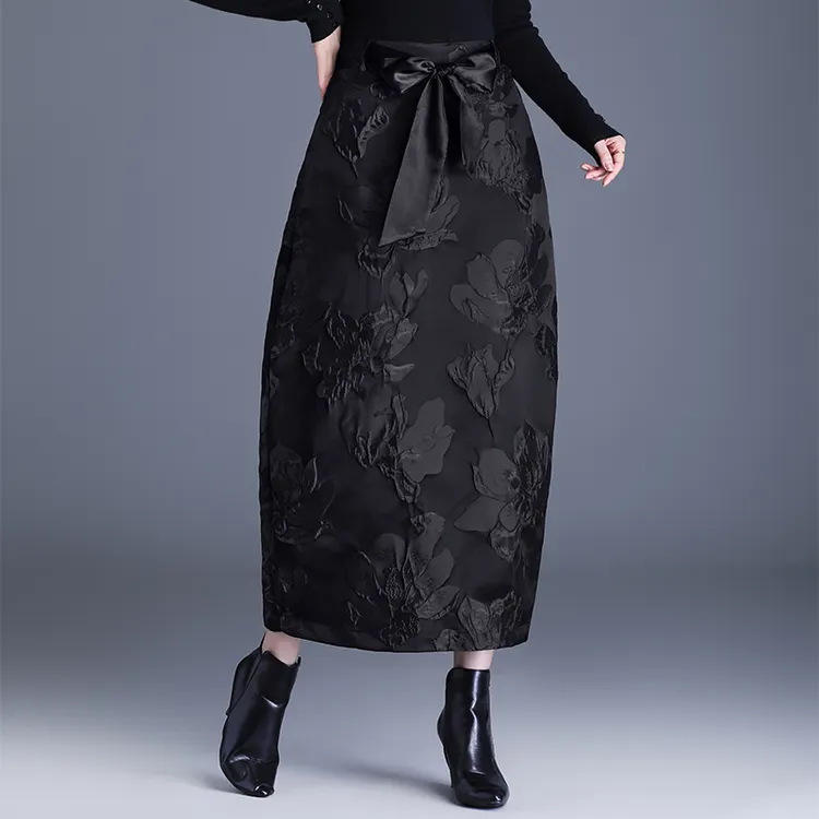 提花包臀裙半身裙女2025秋冬新款高腰显瘦裙中长款气质开叉花苞裙