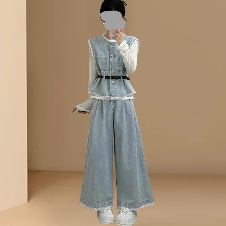韩系复古蕾丝花边牛仔马甲套装女2025新款夏季打底衫阔腿裤三件套