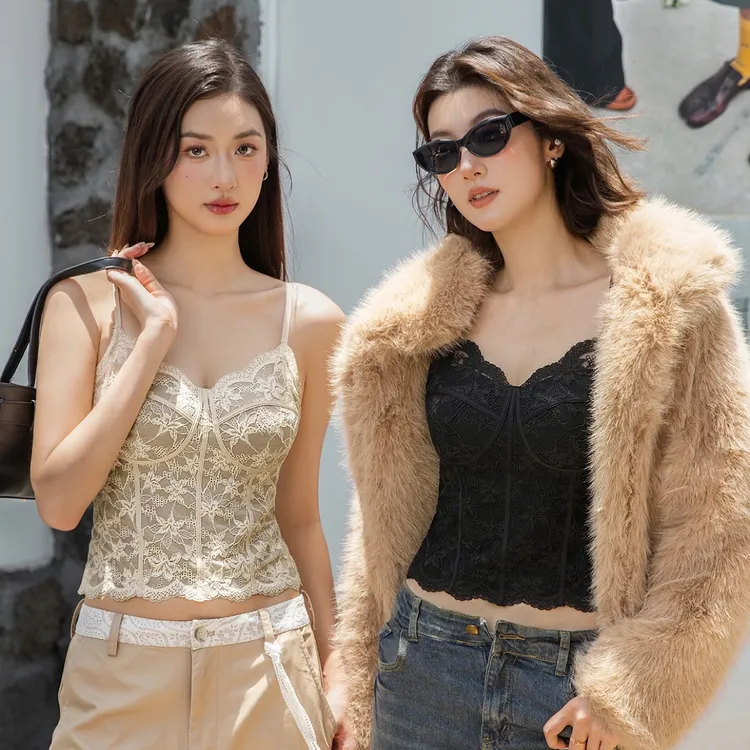 6100“设计师马甲线”法式蕾丝吊带背心一体3D内杯外穿显瘦带垫美背