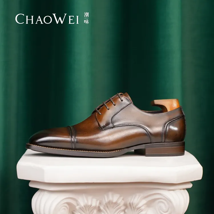 潮味夏季新款百搭德比鞋正装皮鞋男商务休闲三接头皮鞋手工皮鞋男