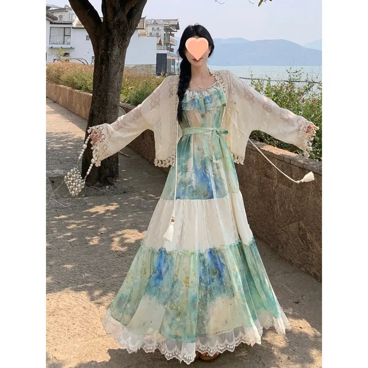 大码雪纺连衣裙女夏季绝美穿搭两件套装巨好看胖设计感吊带裙子
