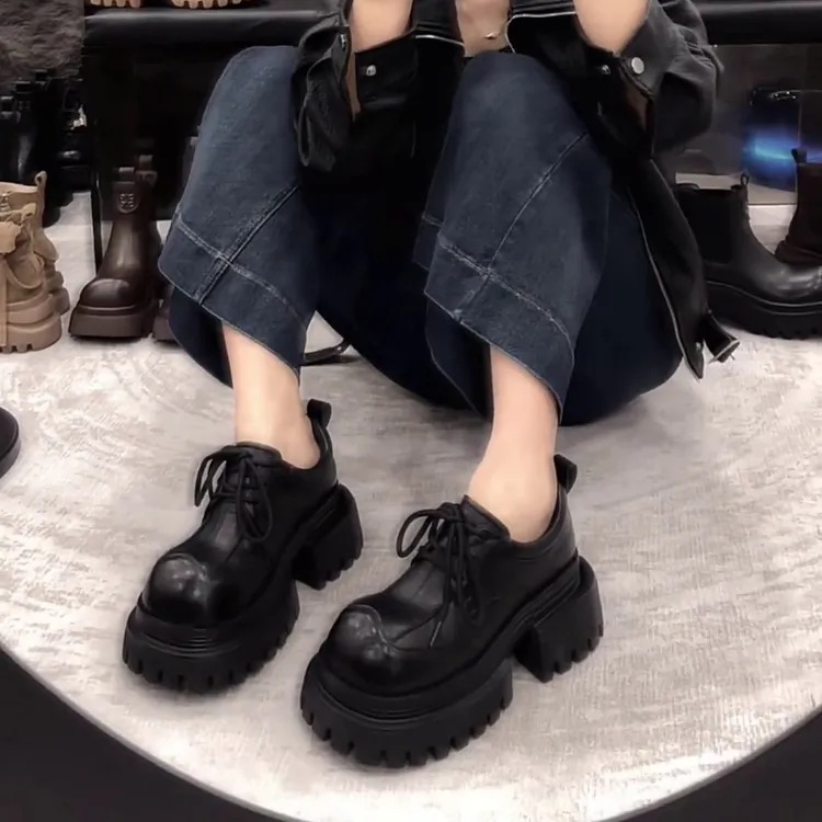 欧货松糕厚底大头小皮鞋女英伦风圆头系带德比鞋小个子增高乐福鞋