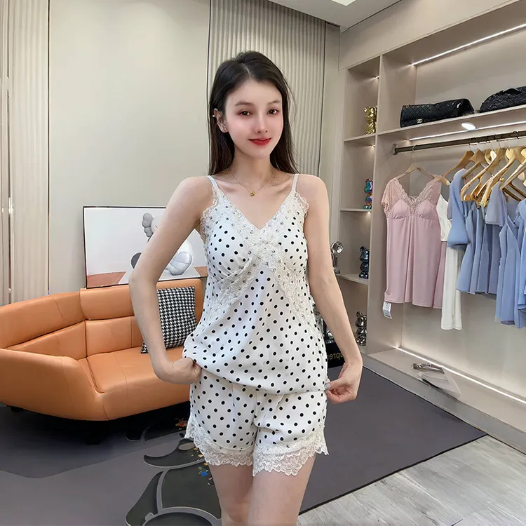 法式性感波点吊带睡衣套装女2025秋季纯欲蕾丝花边带胸垫家居服