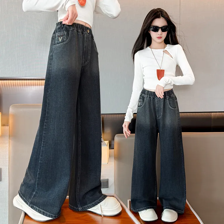 女童洋气牛仔阔腿裤春秋儿童宽松休闲直筒裤中大童百搭显瘦长裤子