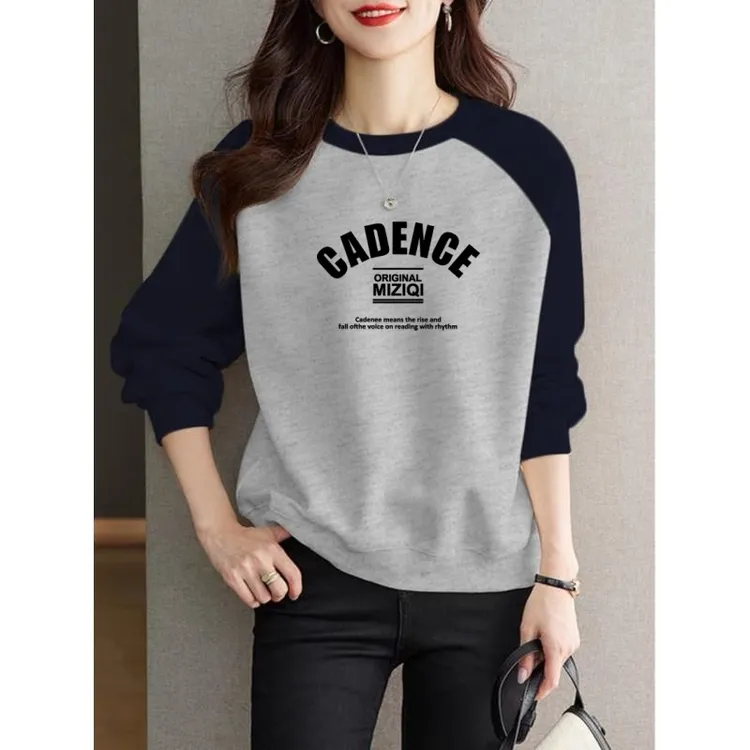 2025洋气插肩圆领卫衣女秋冬新款时尚大码宽松加绒加厚套头上衣潮