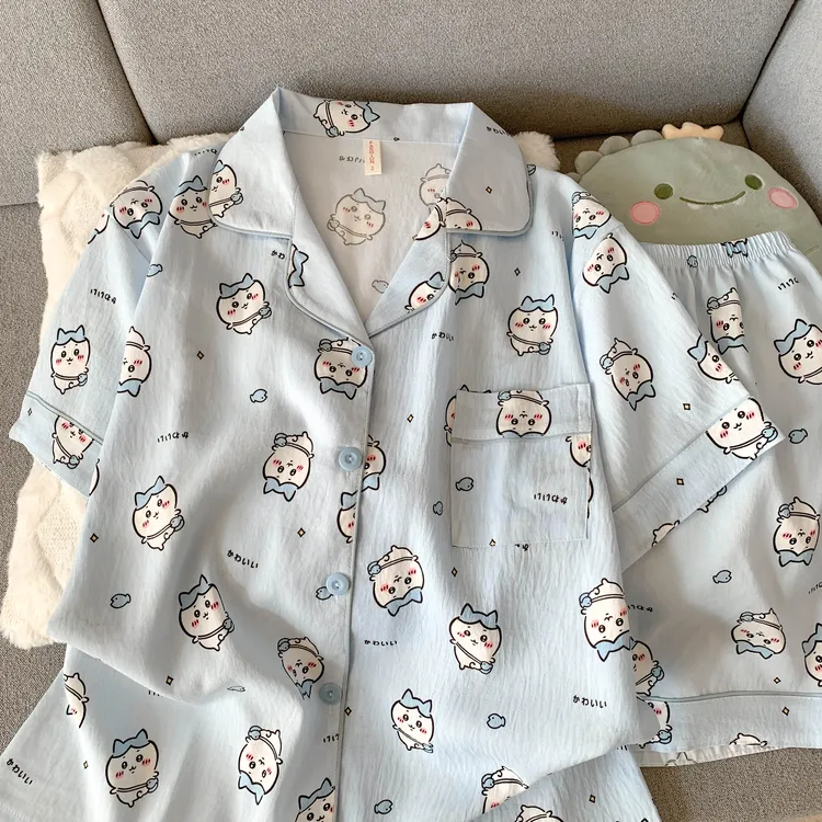 春夏云朵棉短裤短袖小翻领套装女薄款睡衣女秋季可外穿家居服