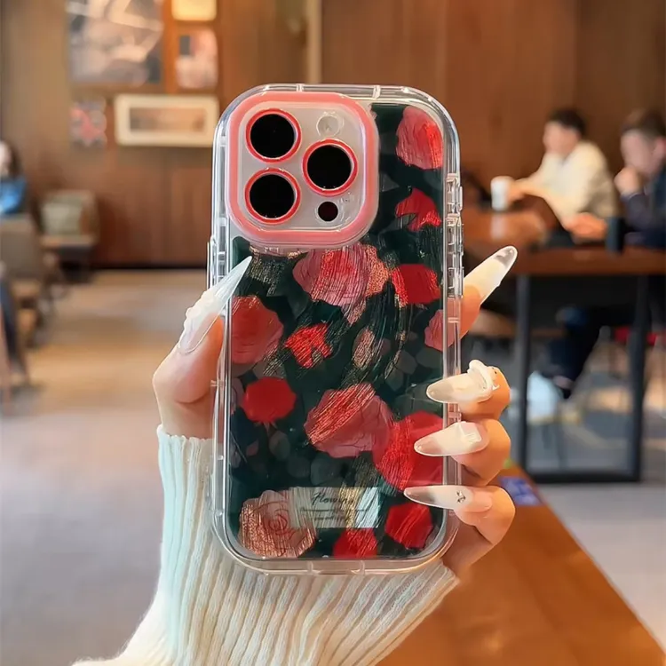 适用于【苹果/华为/OPPO/VIVO】羽纱奶油手机壳防摔墨绿底玫瑰花