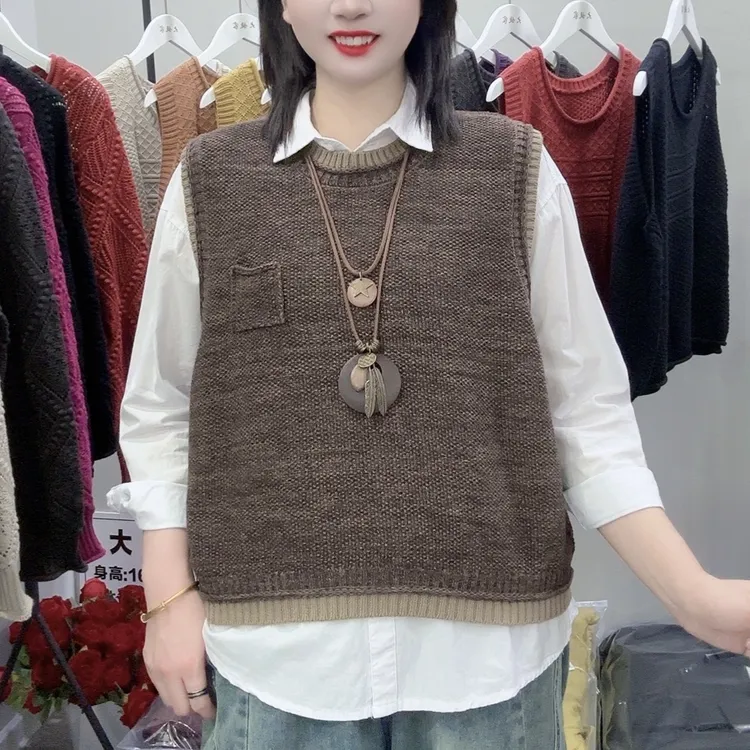 时尚撞色针织圆领马甲套头棉线背心秋冬无袖新款2025宽松上衣坎肩