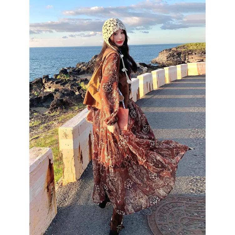 咖色覆古马甲印花长袖连衣裙套装女2025秋季民族风气质长裙两件套