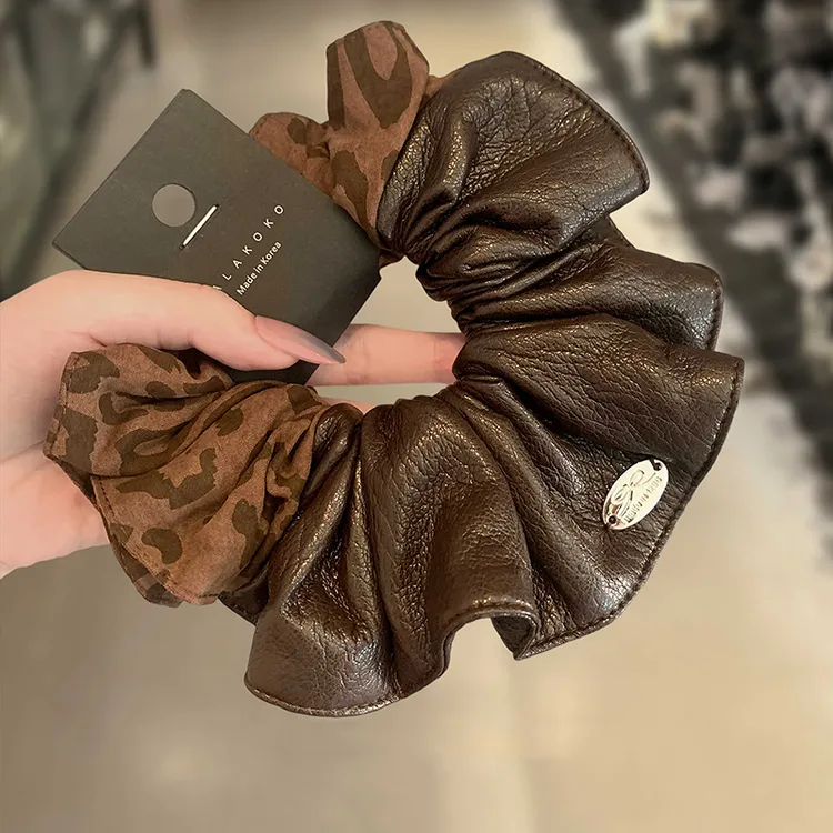 韩国优雅复古时髦摩登皮质豹纹大肠发圈拼色高级感扎马尾发绳皮筋