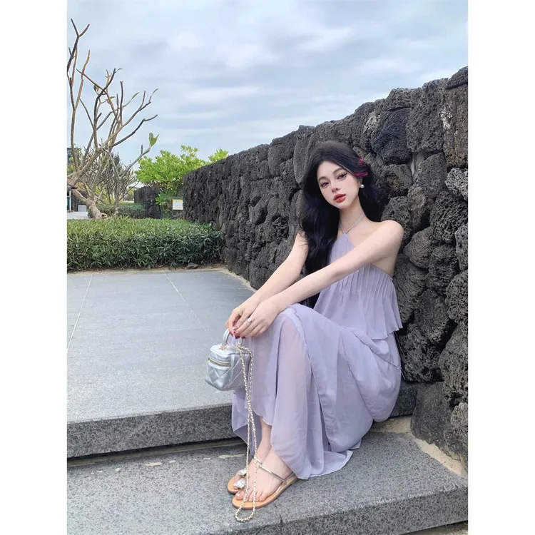 多巴胺法式丁达尔浪漫拼接紫色挂脖蛋糕连衣裙女夏小众不撞款长裙