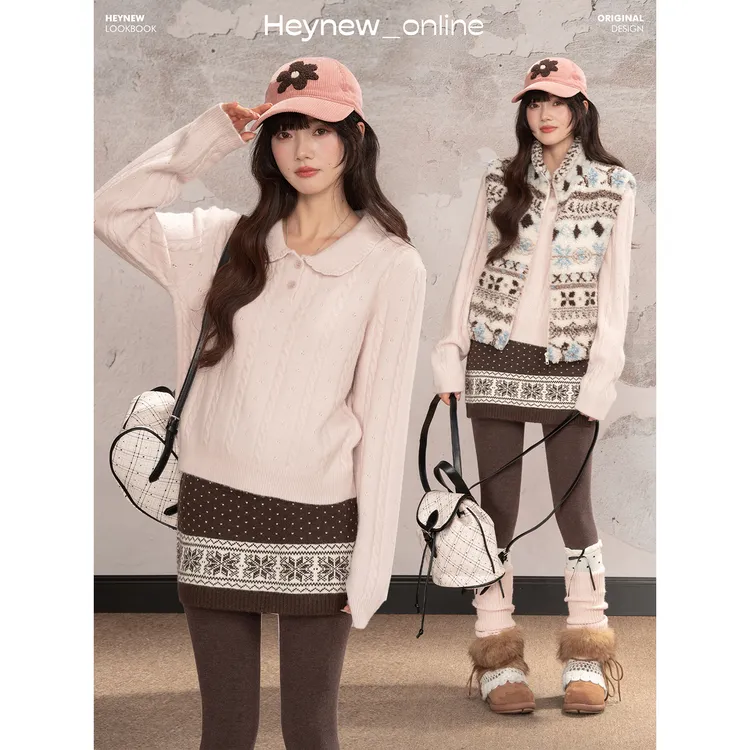 【HEYNEW黑妞】粉色甜美温柔娃娃领套头长袖Polo领麻花毛衣5D054