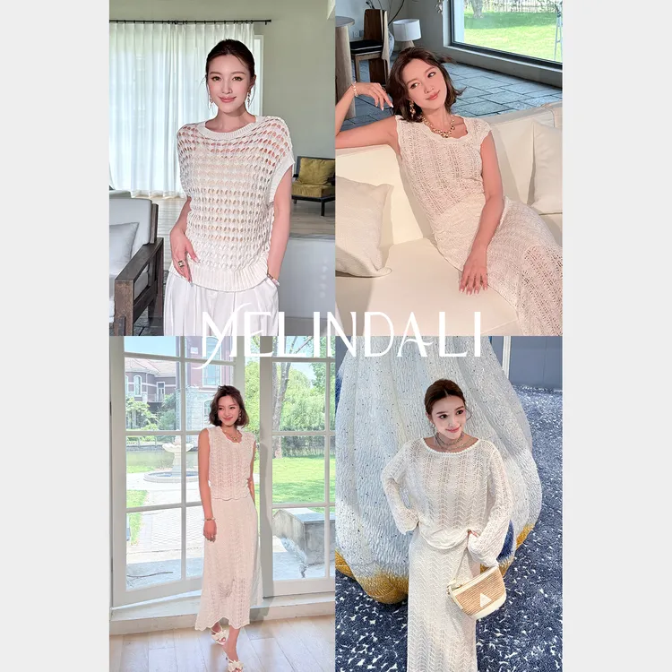 Melinda Li【贝壳针织套】梦颖私服度假百搭白色镂空和纸纱针织罩衫