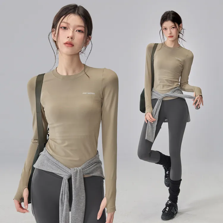 速干瑜伽服长袖女秋冬弹力修身跑步运动上衣普拉提训练健身T恤新