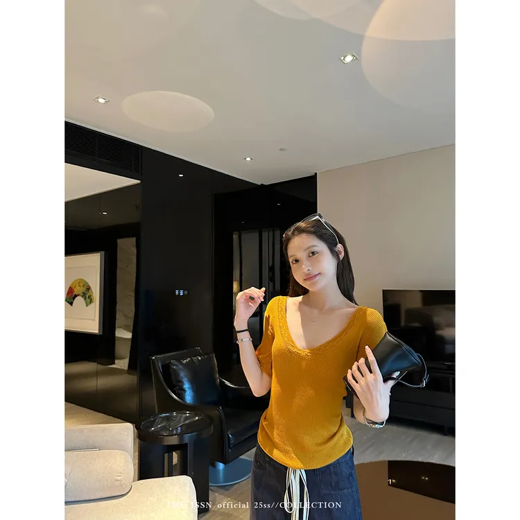 THEISSN宁司 镂空V领短袖针织衫夏季韩系修身显瘦上衣 01106