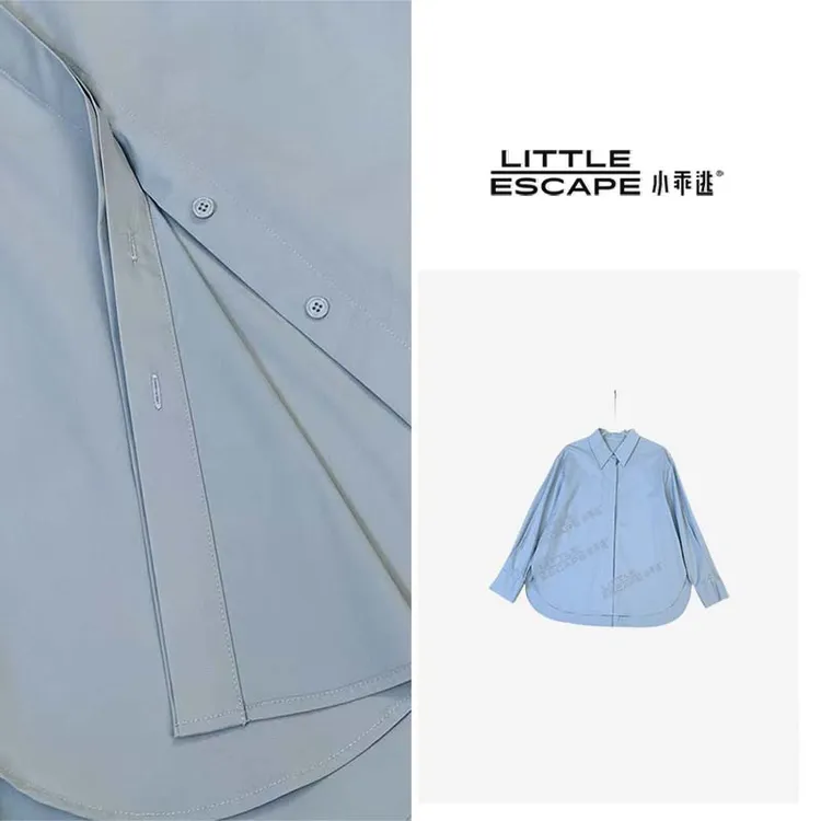 小乖逃1翻领蓝色衬衫 排扣长袖净色蓝色衬衫雾霾蓝灰蓝色  S24073