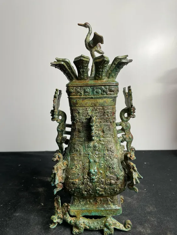 高29麒麟莲鹤方壶工艺品摆件铜复古高端收藏仿古财神玄关摆设中式