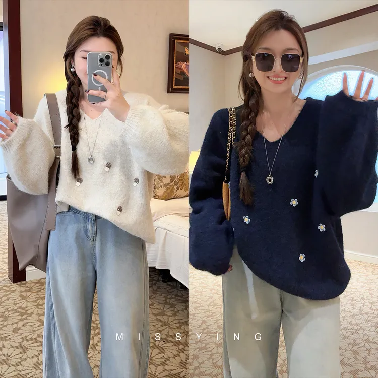 应小姐【小雪绒】微胖大码秋季显瘦长袖休闲风时尚宽松长袖毛针织衫