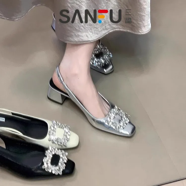 三福法式绝美包头凉鞋女2025夏季新款气质水钻高跟鞋粗跟晚晚单鞋